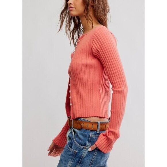 NWT Free People Tilly Long Sleeve Cardi in Coral - Size Medium - Picture 3 of 10
